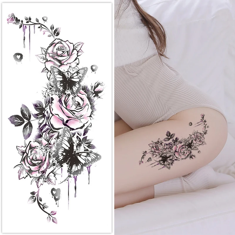 Pink Rose and Butterfly Sexy Leg Tattoo Stickers, Realistic, Colorful, Waterproof, Sweatproof, Disposable Temporary Stickers.