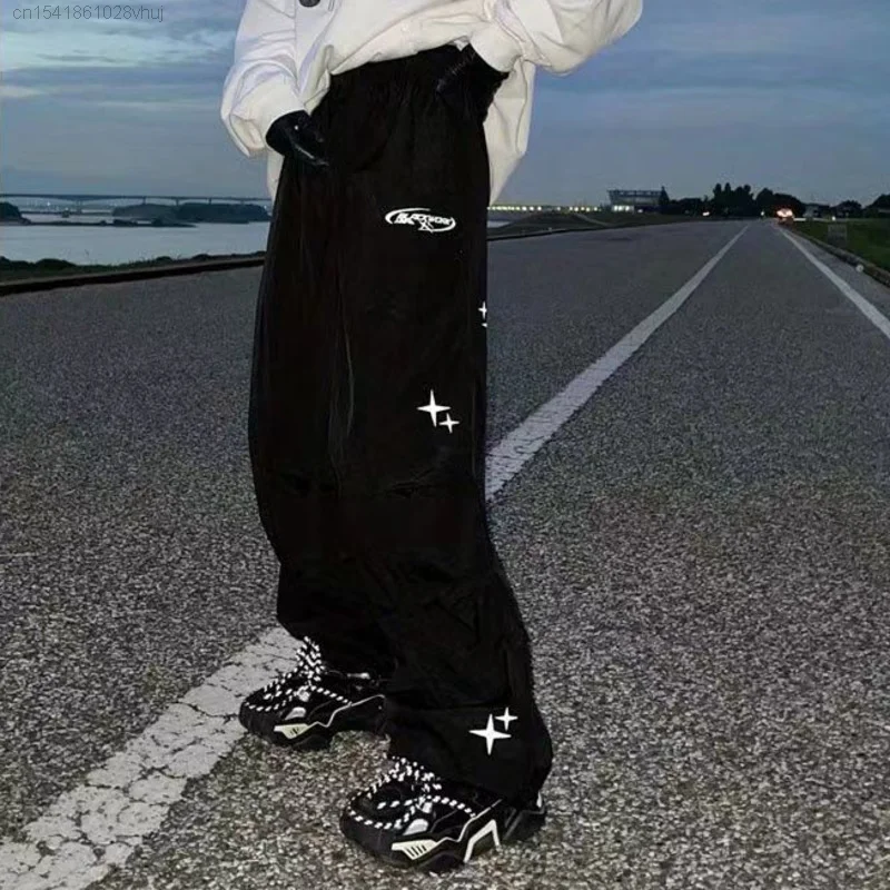 Fashion Y2k Star Hip Hop Cargo Pants Girls Women's Nylon Grunge Black Wide Leg Baggy Pants Trousers Men's Yk2 Streetwear Trendy