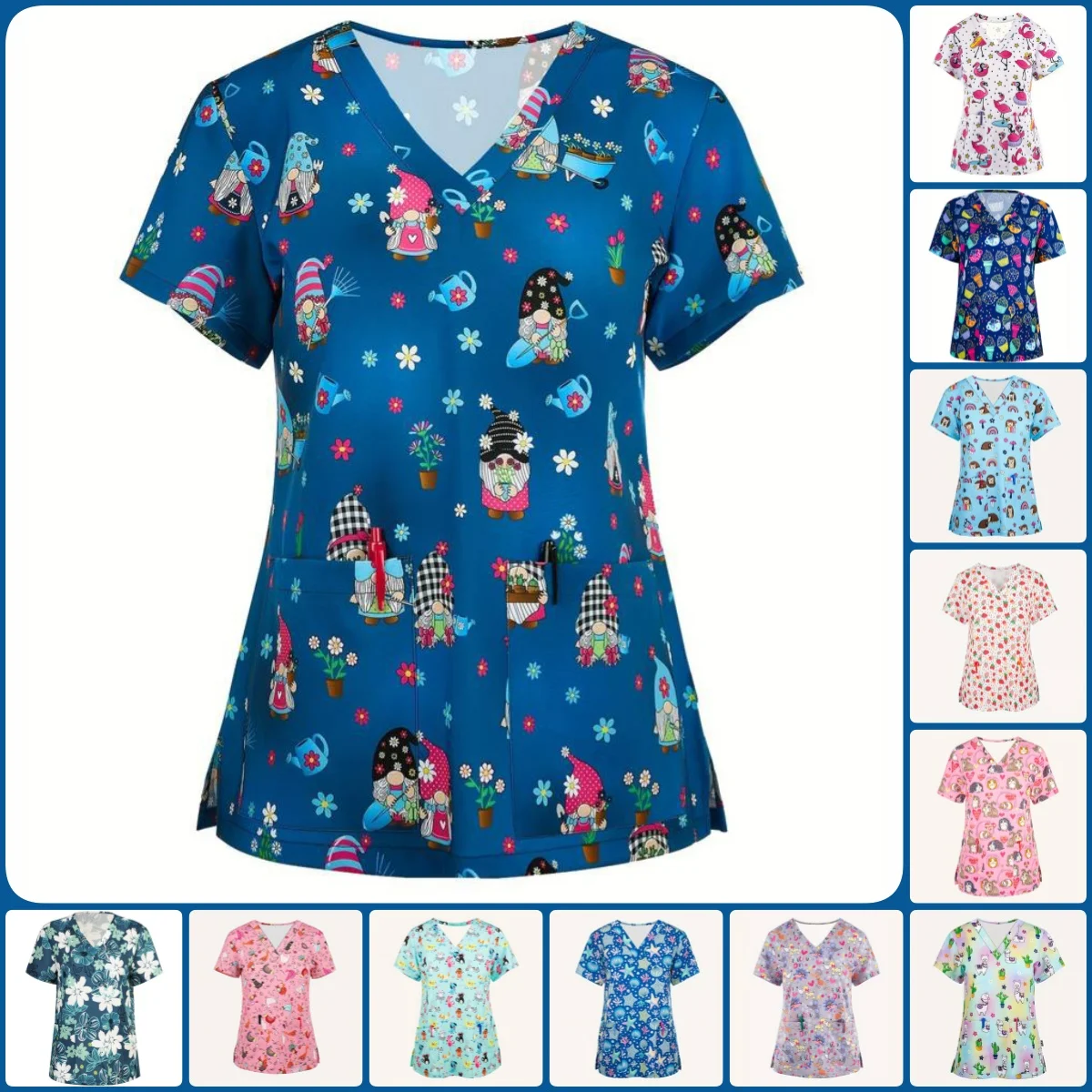 Nursing Medical Uniform Animal Cartoon Print Obstetrics Nurse Tops V-Neck Short Sleeve with Pocket Tees Women's Hospital Uniform