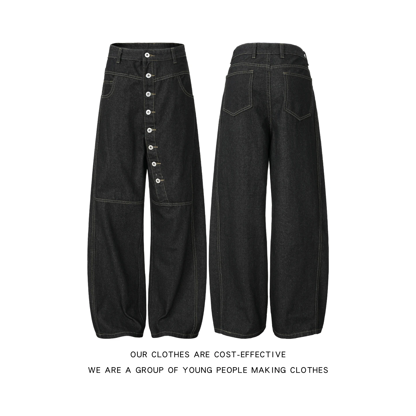 

Loose Wide Leg Men's Denim Jeans Multi-Button American Style Design Casual Long Trousers Youth Fashion Summer No Stretch