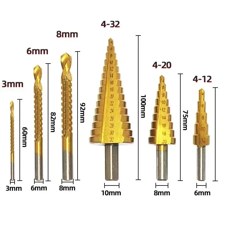 6 Piece Set Titanium Coated Pagoda Drill sawtooth Drill Woodworking Hole Expansion Groove Plastic Box set Wood Drilling