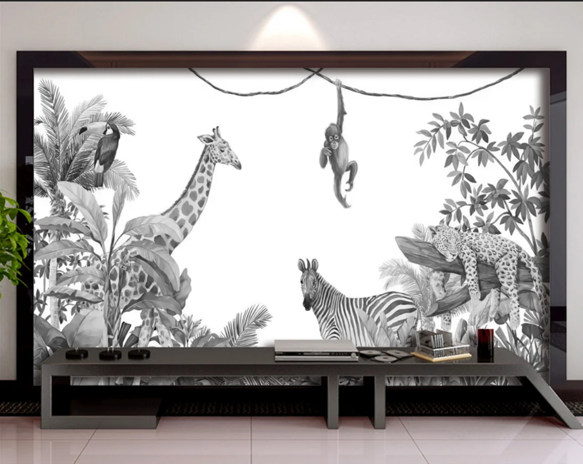 Custom Wallpaper Southeast Asia Rainforest Plant Leaf Animal Mural Home Decoration Giraffe Zebra Monkey Elephant  3d wallpaper