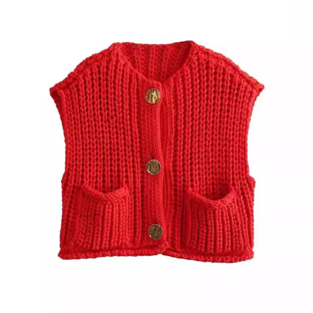 OMCHION Vintage Red Wasitcoat 2024 New Solid Color Big Pocket Vest Women Sleeveless Knitted Cardigan Casual Loose Sweater Coat