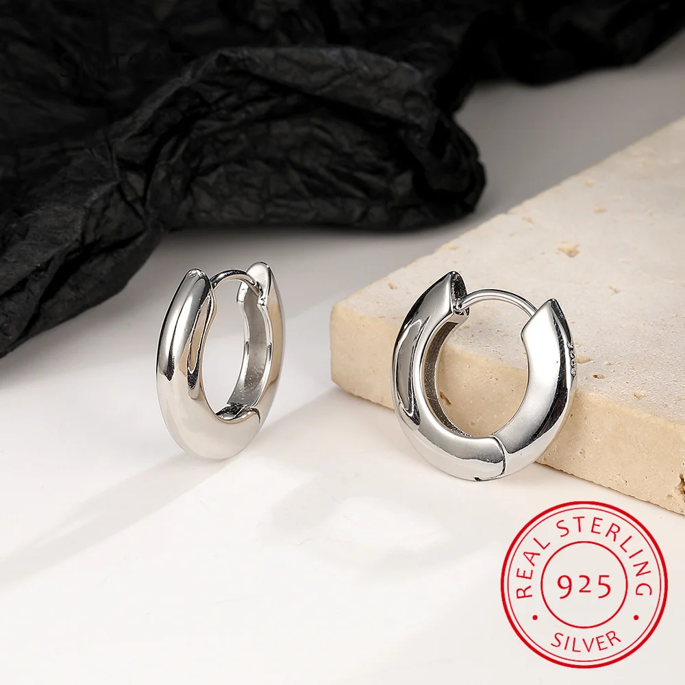 New 100% 925 Sterling Silver Women Chunky Hoops Earrings Gift Fashion Jewelry Stainless Wives Arc Smooth Thick Hoop