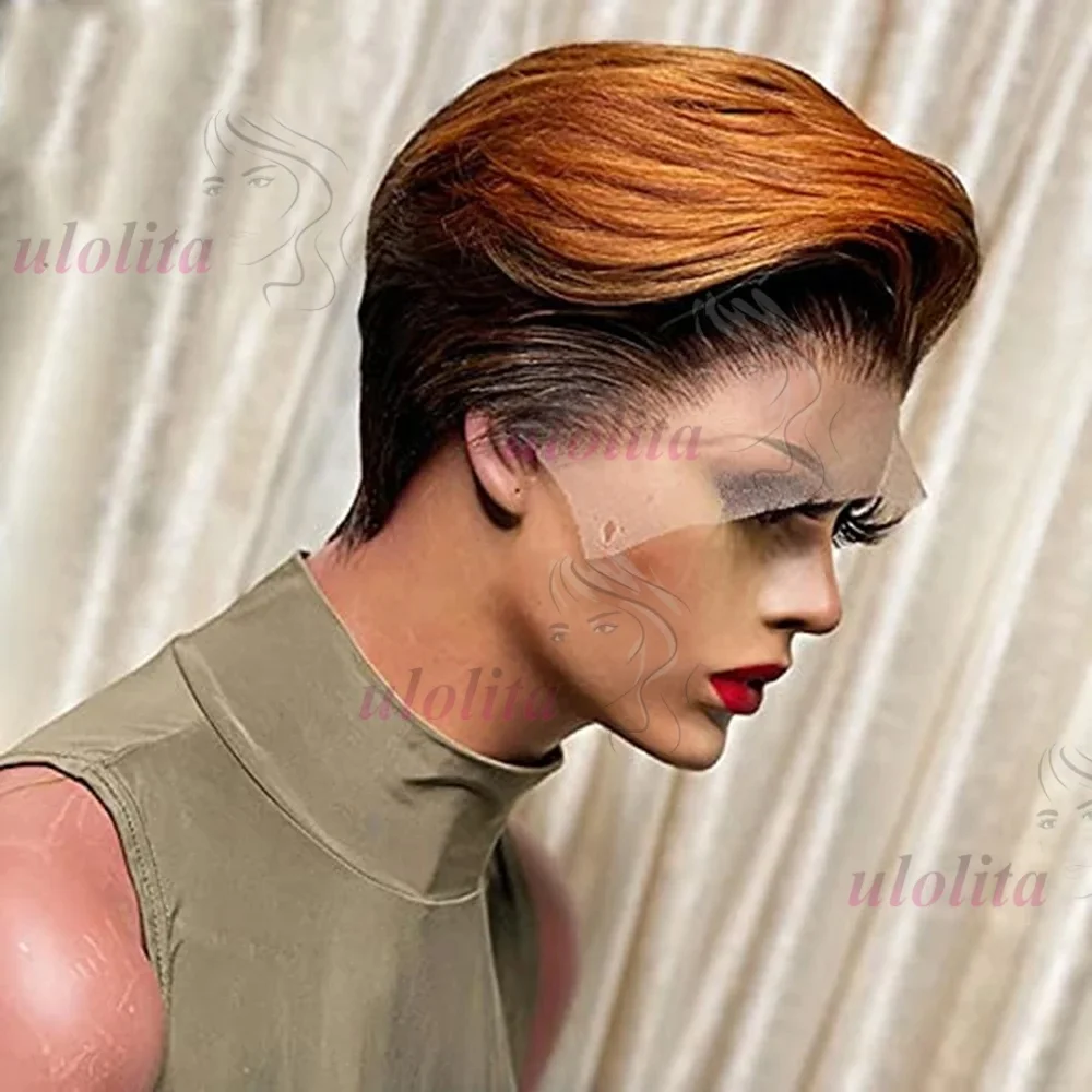 Ombre Braun T1B30 Echthaar-Perücken für Frauen, Knochenglatte Bob-Perücke, Remy T-Part Transparente Spitze, Natürlich Vorgezupfter Pixie-Schnitt – Detail 6