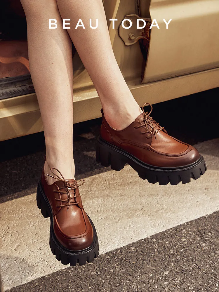 BeauToday Casual Shoes Women Cow Leather Derbys Round Toe Lace Up Thick Sole Ladies Dress Flats Handmade C21894