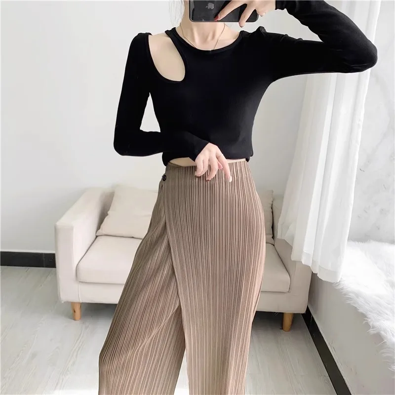 Miyake Style Women Pleated Solid Color Ankle-length Pants Elastic Waist Wide Leg Straight Female Trsouser Loose 2025 Summer
