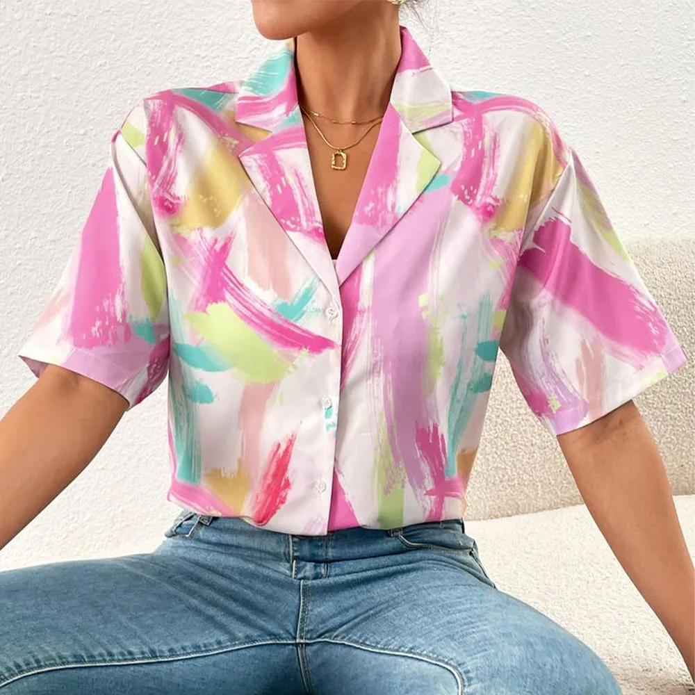 

Autumn 2024 new women's fashion slim and loose commuting Joker casual single-breasted printed short-sleeved shirt.