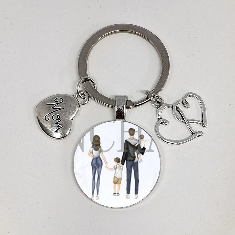 Happy Family Super Dad Mom Boy Girl Mother\'s Day Gift Keychain Men\'s and Women\'s Fun Glass Cabochon Keychain Parent-Child Gift