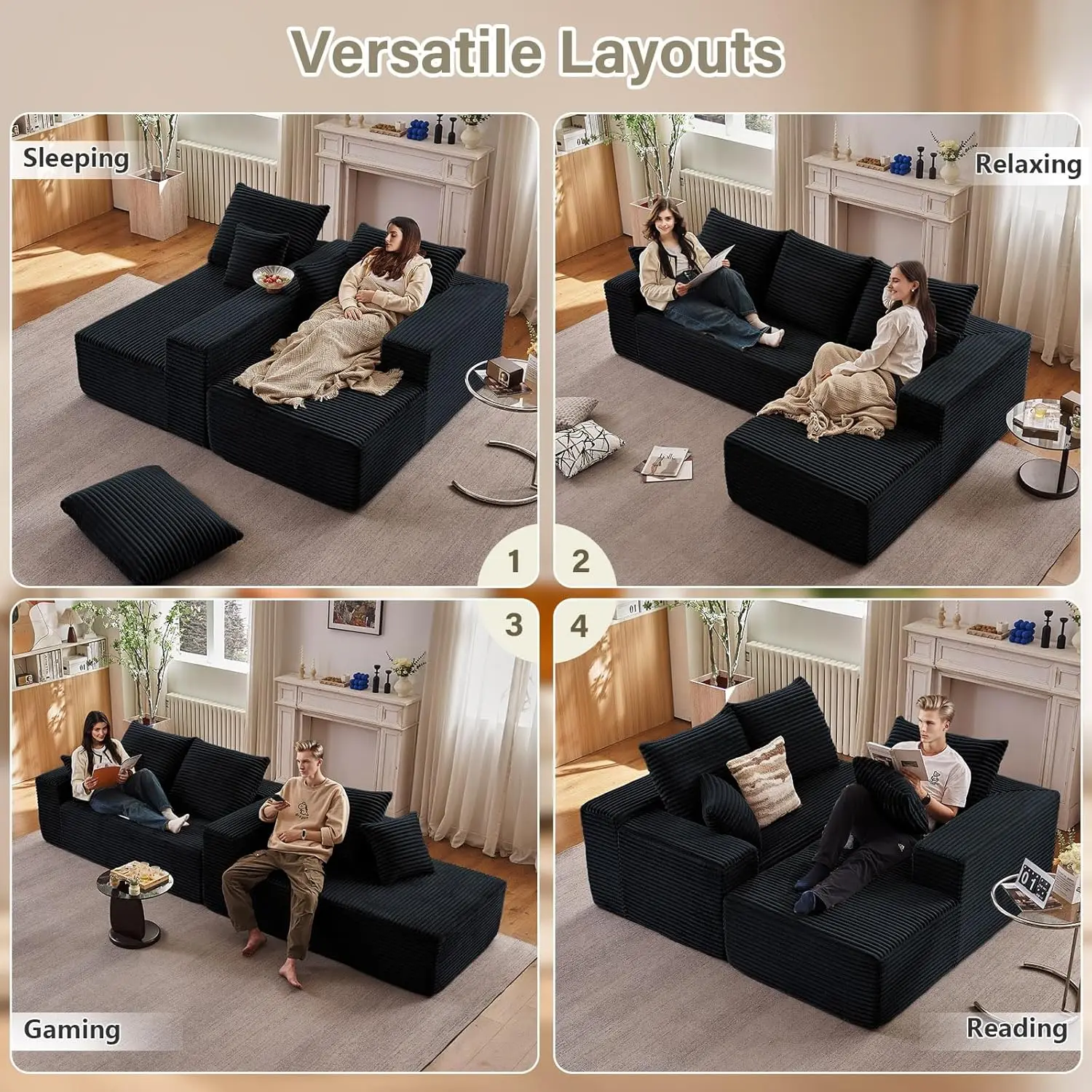 Modular Sectional Couch, Cloud-L Shaped with Chaise, Corduroy Deep Seat, Memory Foam, No Assembly, Black