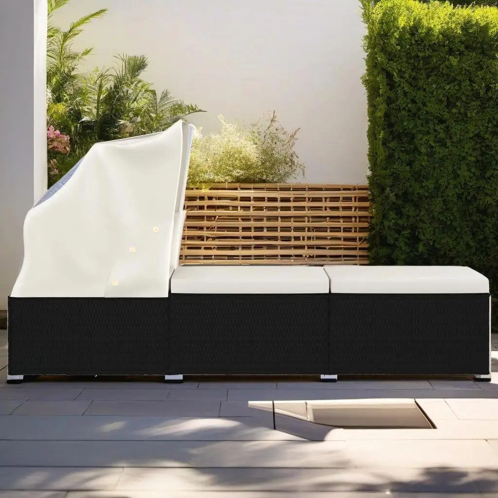 

Poly Rattan Sun Lounger with Canopy & Cushion - Cream White Outdoor Lounge Chair