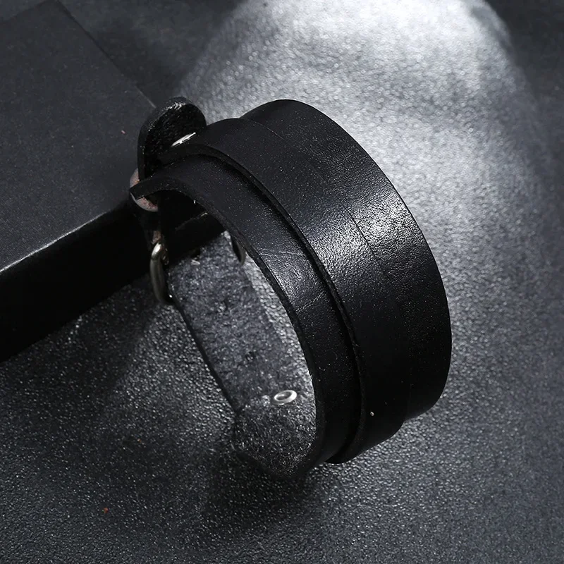 VOQ Punk Double Layer Design Cuff Bangel Bracelet Wide Leather Bracelet Adjustable Wristband Men Jewelry Wholesale Pulseras