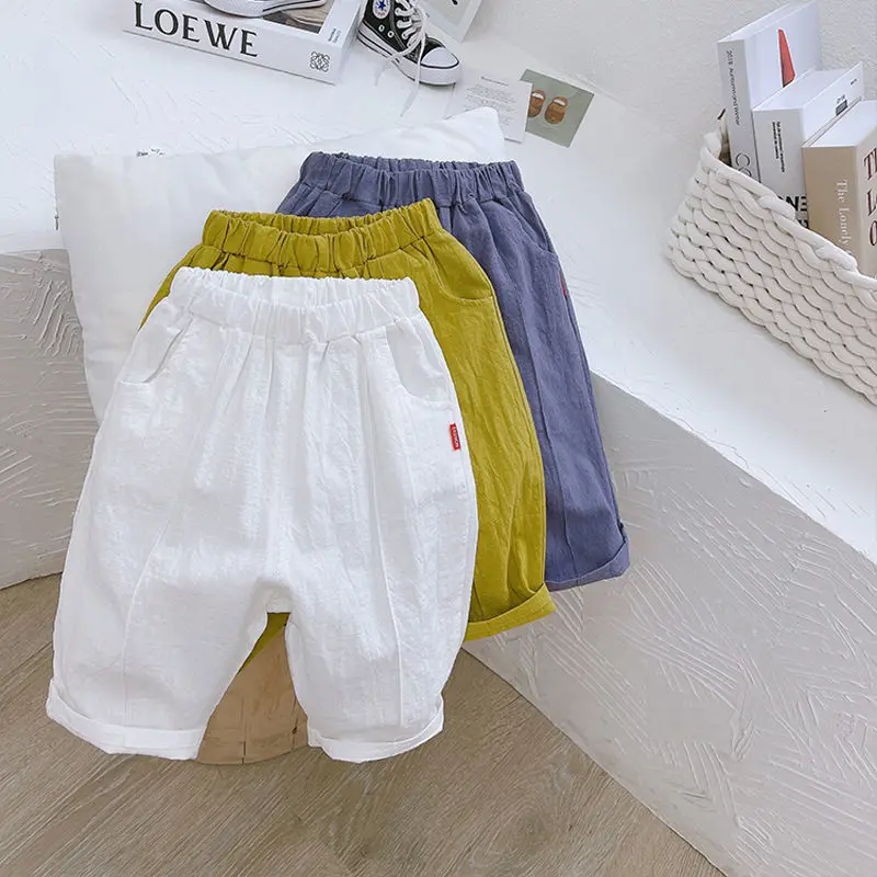 

Baby Boy Cotton and Linen Sweatpants Children Summer 5 Points Pants Kids Boys Solid Color Trousers Infant Toddler Spring Bottoms