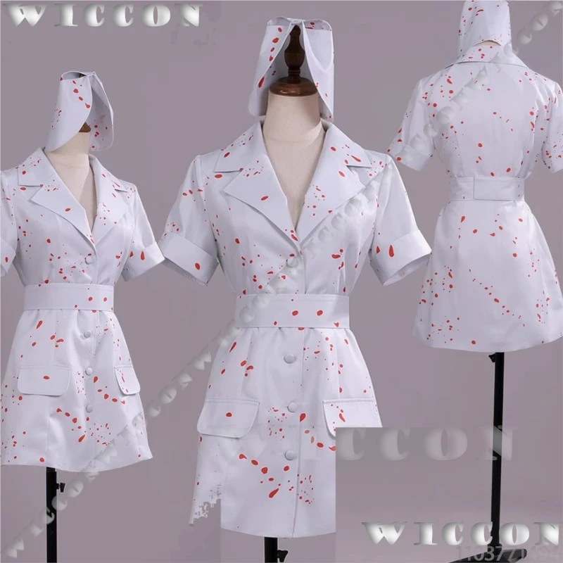 

Blood Nurse Horro Game Silent 2 RE Cosplay Costume White With Red Blood Dress Hat Woman Girl Christmas Halloween Party Cos Suit