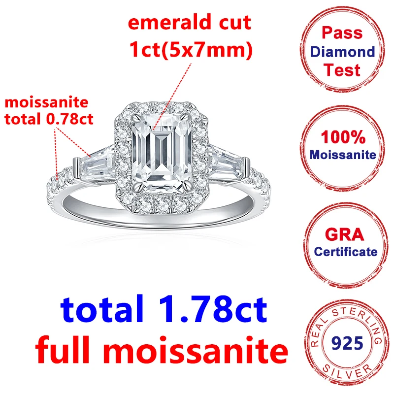 Full Moissanite Diamond D Color Emerald Lady's Ring S925 Sterling Sliver 18K Gold Plated Rings Fine Jewelry for Women