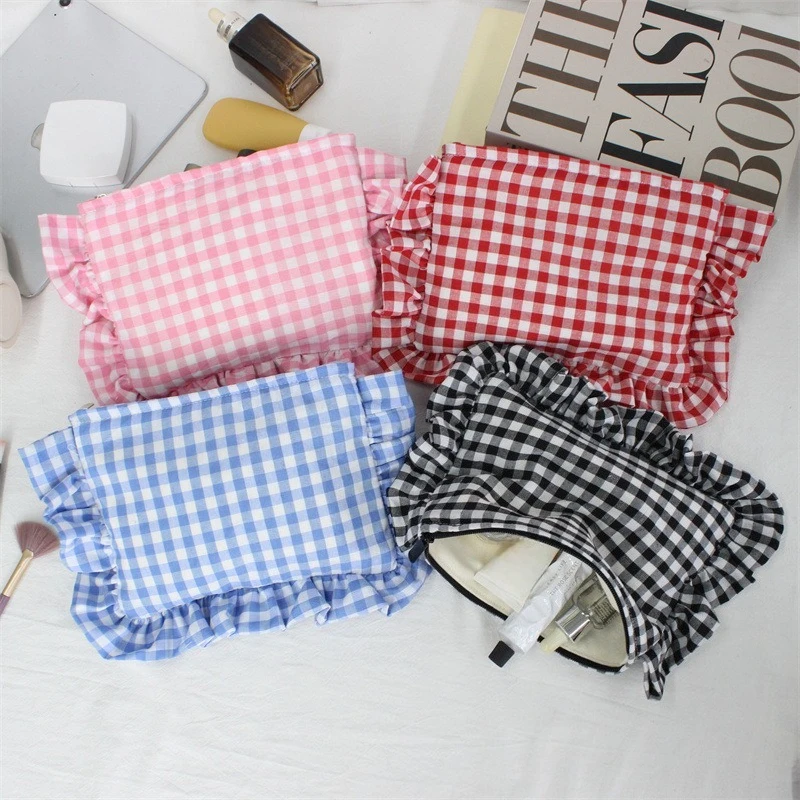 ins plaid lotus leaf edge cosmetic bag high value large capacity girl clutch bag simple portable skin care toilet bag