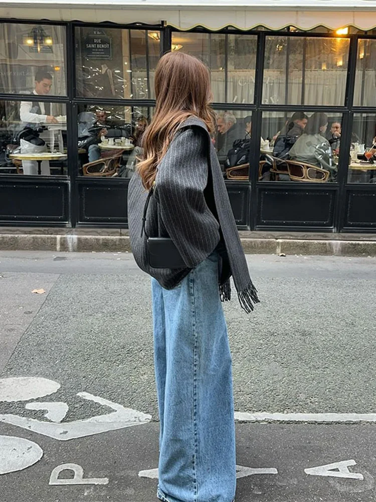 Chaqueta de traje a rayas con bufanda para mujer, abrigo elegante de manga larga con botonadura única, moda Popular, prendas de vestir de otoño, 2024