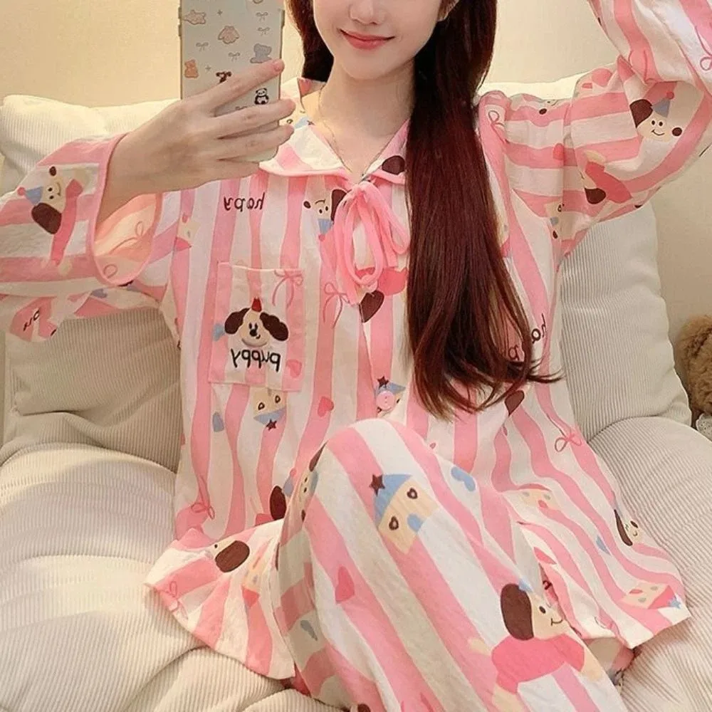 موضة الوجه طوق شريط منامة مجموعة البطريق الكلب طويلة الأكمام منامة ملابس منزلية غير رسمية الحلو منامة دعوى النساء