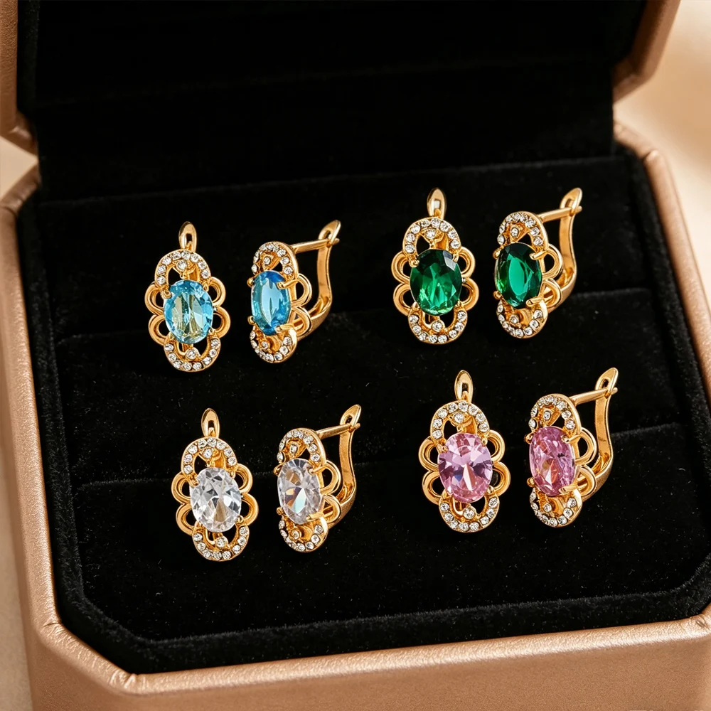 Luxurious Retro Crystal Earrings Elliptical Blue-Green Pink Gemstone Stud Earrings Formal And Date Jewelry, Precious Gemstones