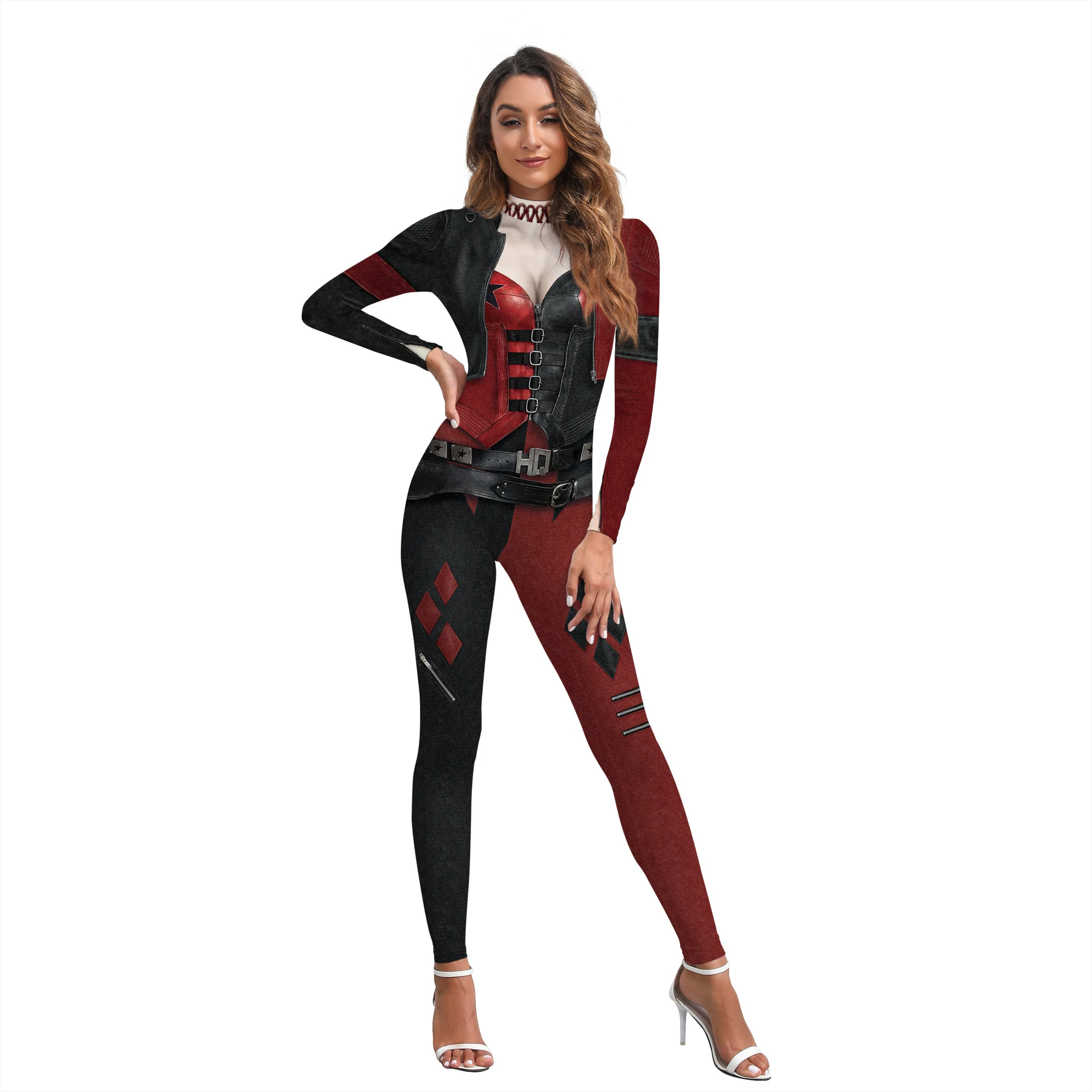 

Women Halloween Clown Cosplay Costume Woman Harry Q Bodysuit Fitness One-piece Jumpsuit Carnival Party Zentai Suit Stage Outfits