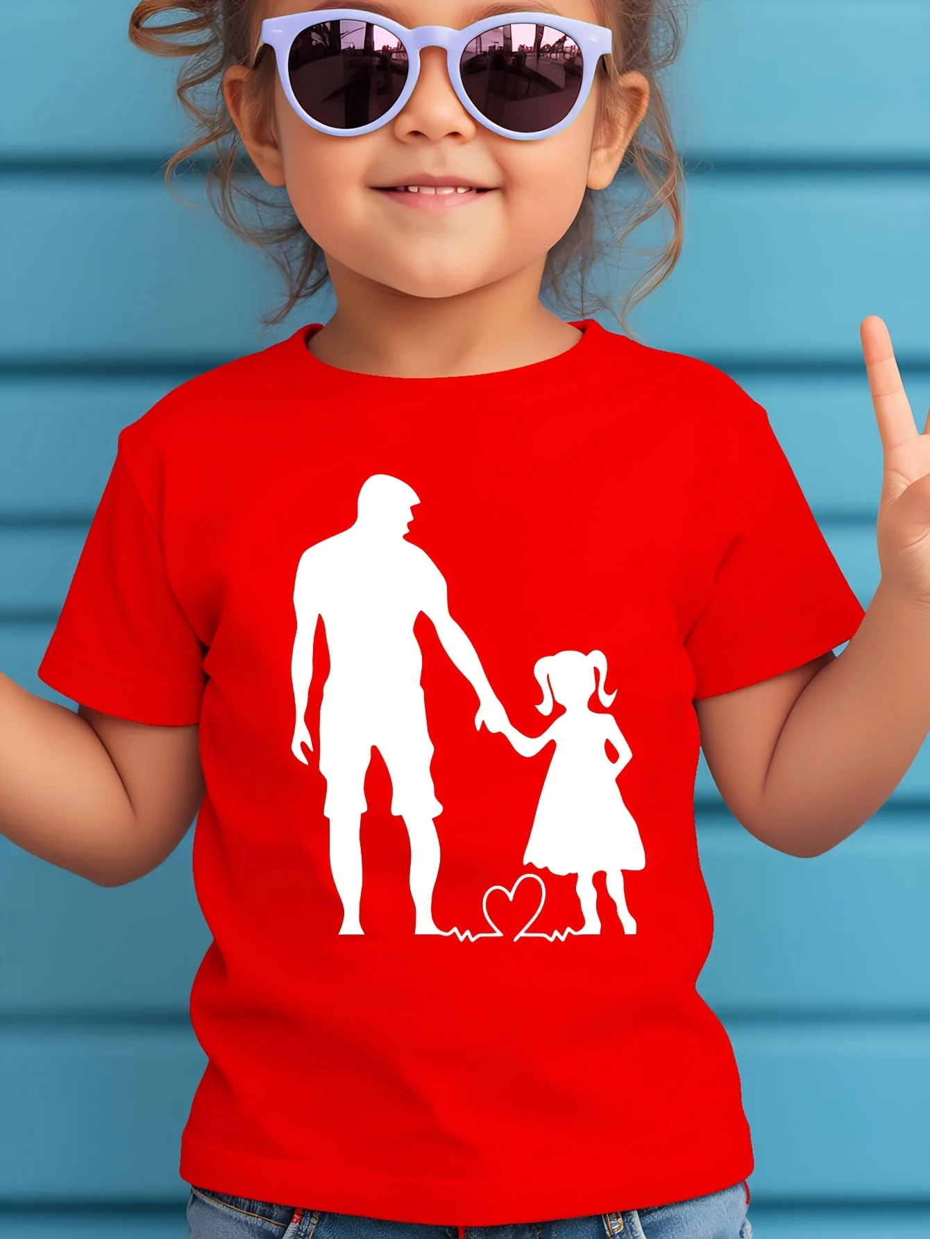 Summer Children's Fashion T-shirt Girl Father Daughter Hand in Hand Silhouette Printed Outdoor Casual Parent Child Top