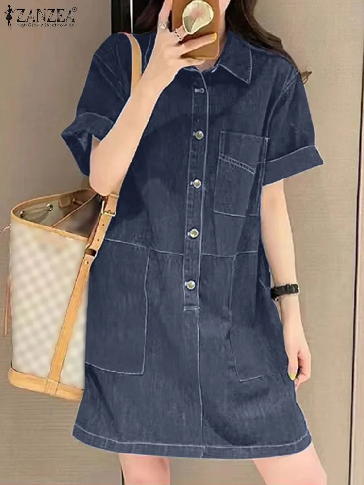 ZANZEA Denim cepler gömlek elbise 2024 yaz kadın kısa kollu Sundress moda katı Robe Casual Turn Down yaka Mini elbiseler