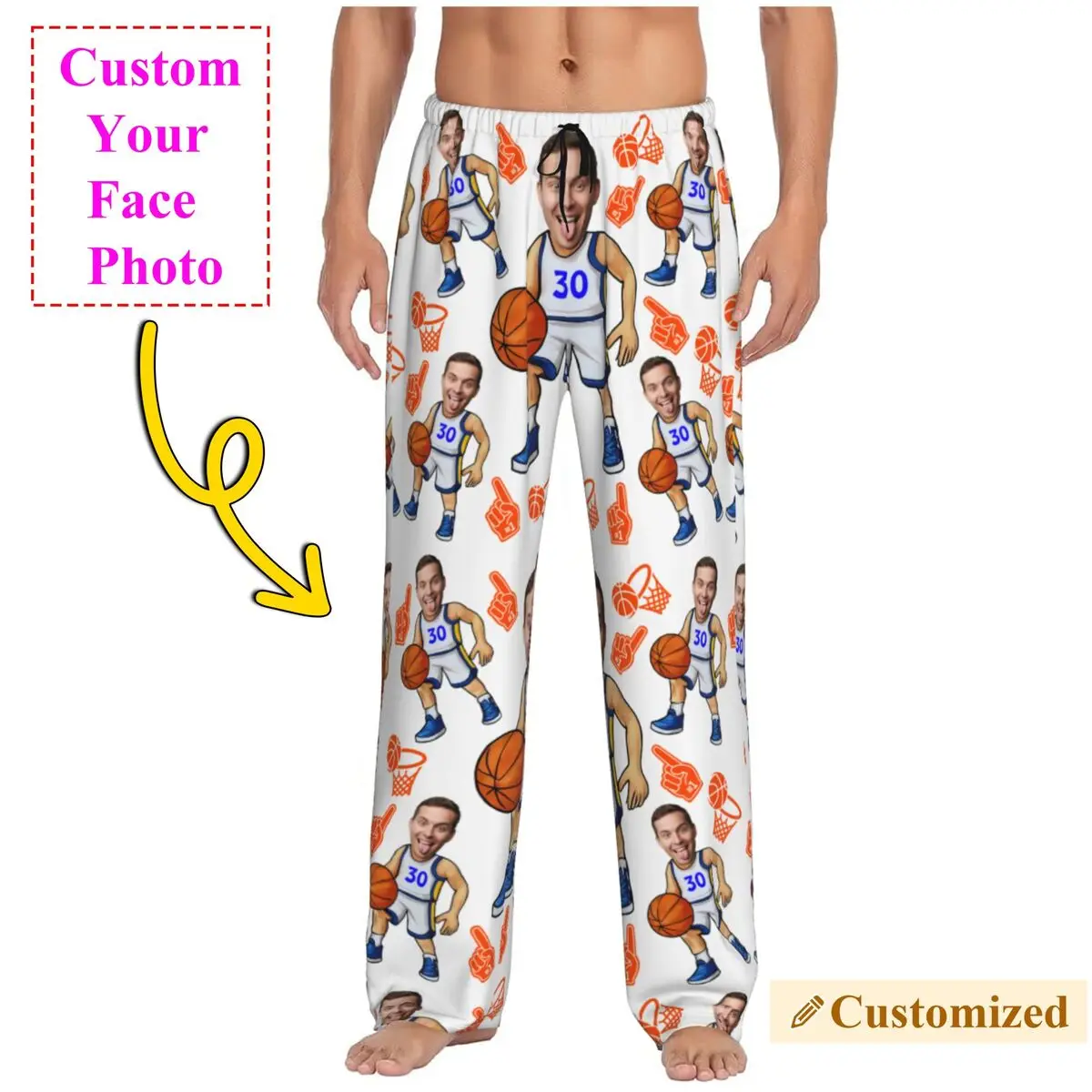 

Basketball Custom Pajama Pants Men Personalized Face Photo Design Sleep Sleepwear Bottoms with Pockets