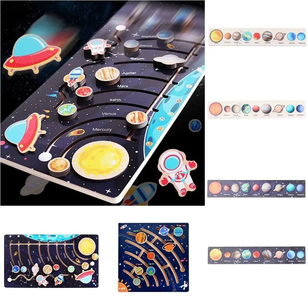 Cartoon Wooden Solar System Puzzle Universe Astronomy Planets Matching Board Jigsaw Tray Early Educational