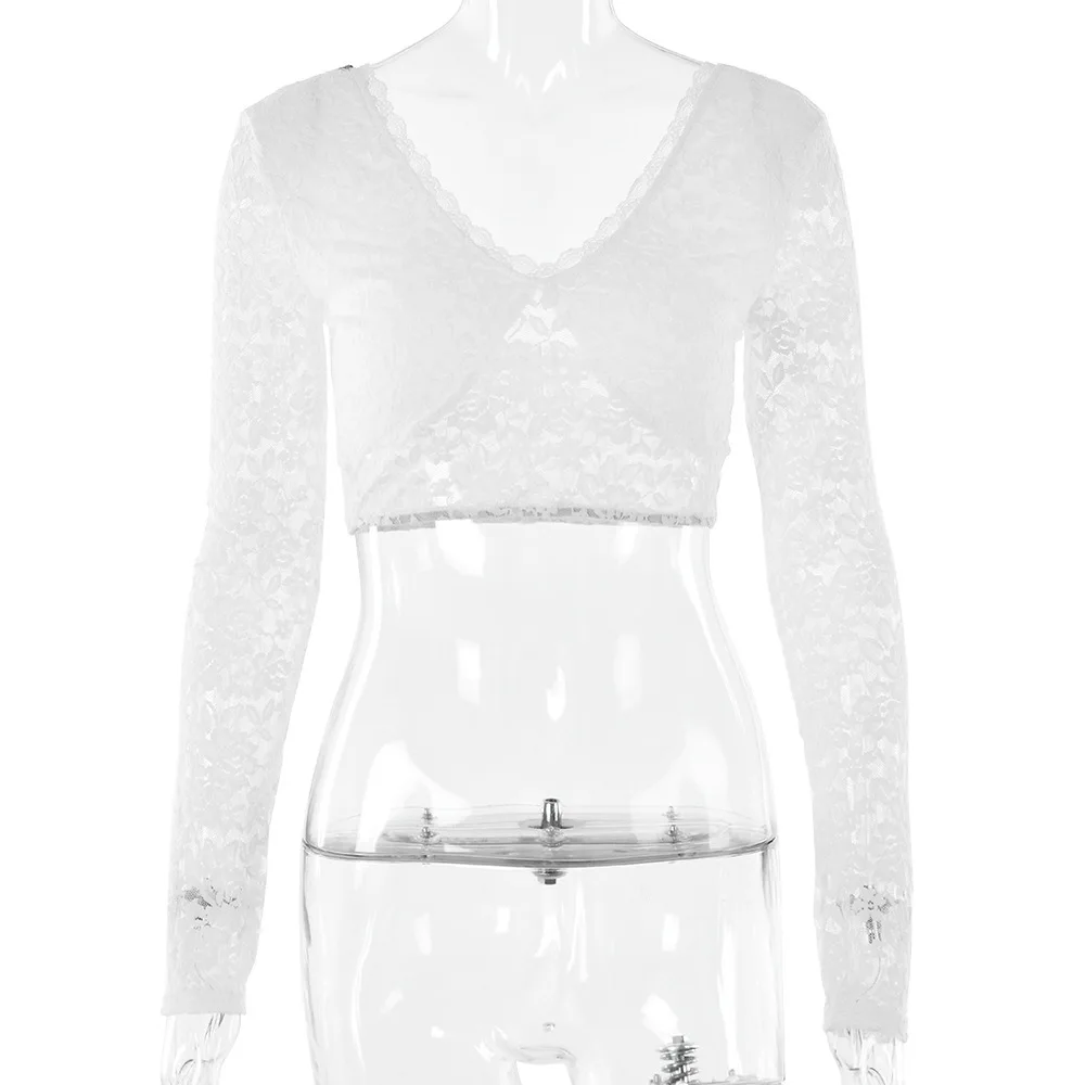 Summer New Lace V-Neck Short T-Shirt For Women Sexy Pure Desire Style Long Sleeve Backless Slim Fit Top