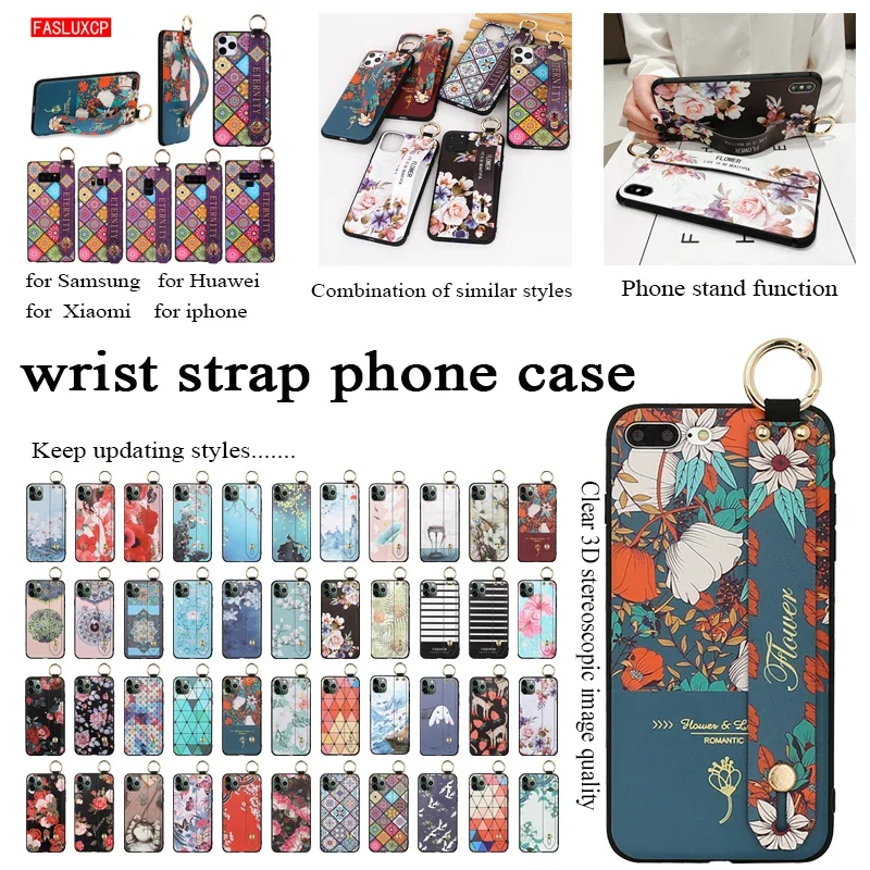 P40 P20 P30 Pro Lite Case 3D Fashion Art Leaf Flower TPU Wrist Strap Holder Cover for Huawei P Smart 2021 Z Mate 20 Honor 50 20