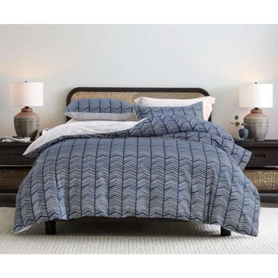 

Navy and White Duvet Cover Set 100% Cotton Bedding Geometric Pattern with Button Closure 3pcs Size