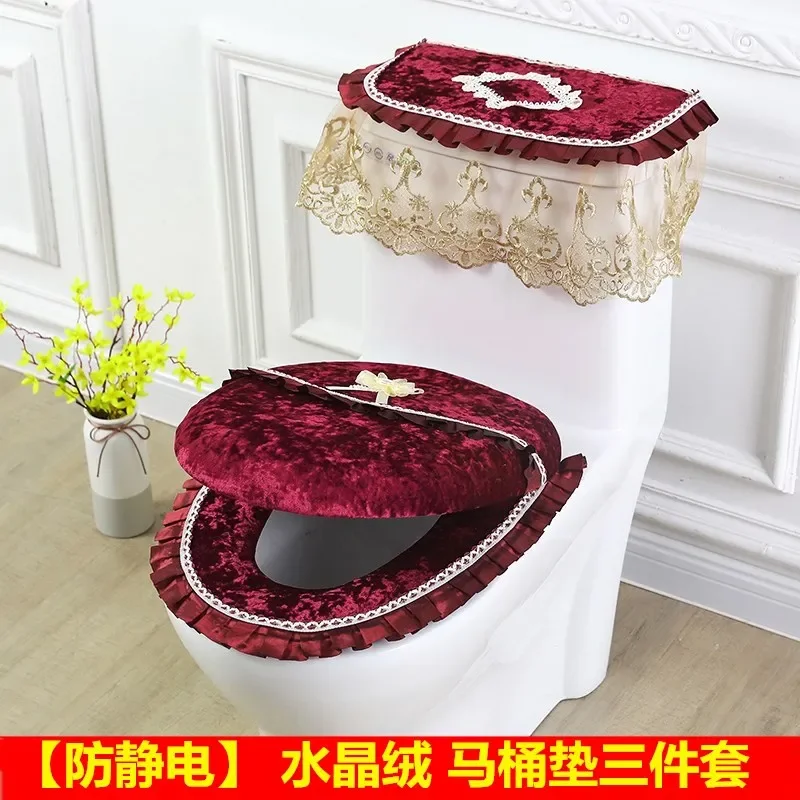 

Red Toilet Seat Cover Toilet Water Tank Cover Closestool Dust Covers 3pcs/Set Toilet Seat Cushion Detachable Toilets Cover Cloth