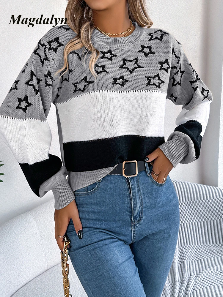 Magdalyn Women Autumn Winter Star Print Colorblock Knitted Pullover Fasion Elastic Tricots Basice Sweater Casual Hollow Knitwear