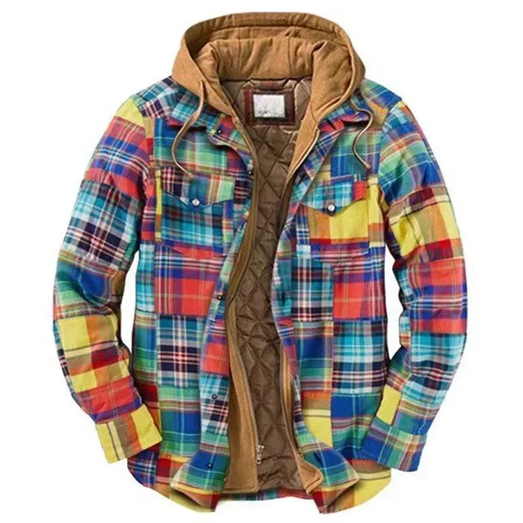 Men Winter Jackets Harajuku Plaid Shirts Coats Hooded Zipper Long Sleeve Basic Casual Shirts Jackets European Style Size S-5XL