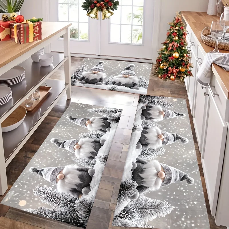 Christmas Kitchen Rugs Set Snowman Santa Xmas Print Non Slip Mat 1/2/3Pcs Options Washable Holiday Home Floor Decor