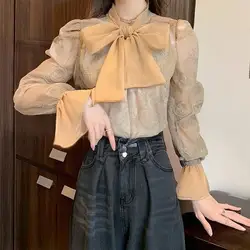 New Women Spliced bow Button Print Fashionable Loose and Versatile Casual Long-sleeved Blouses Shirts