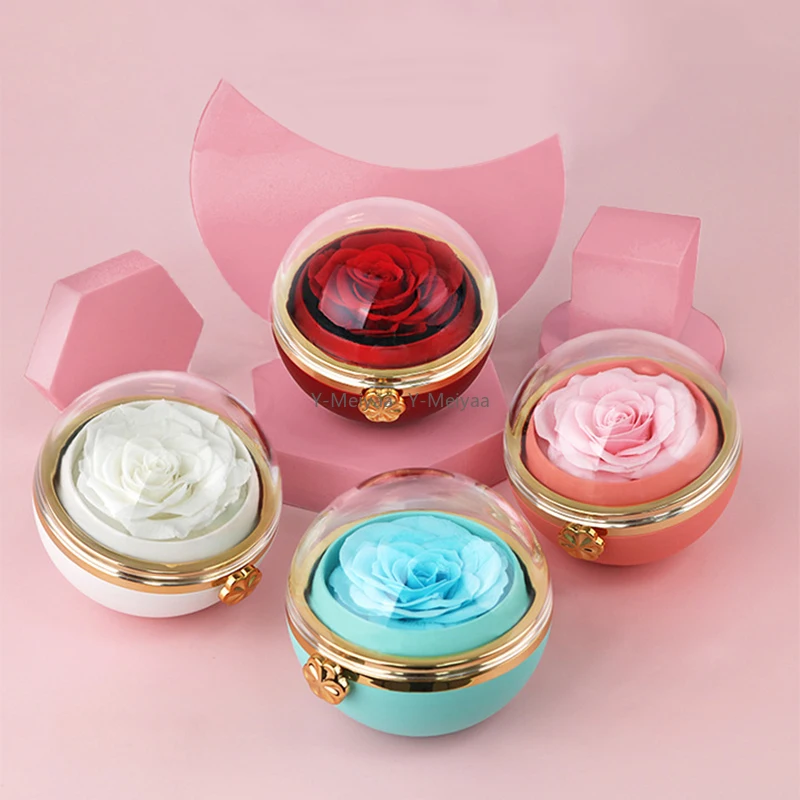

Clear Rotating Eternal Rose Flower Jewelry Box Ball Shape Ring Earrings Necklace Storage Boxes Wedding Valentine's Day Gift Box