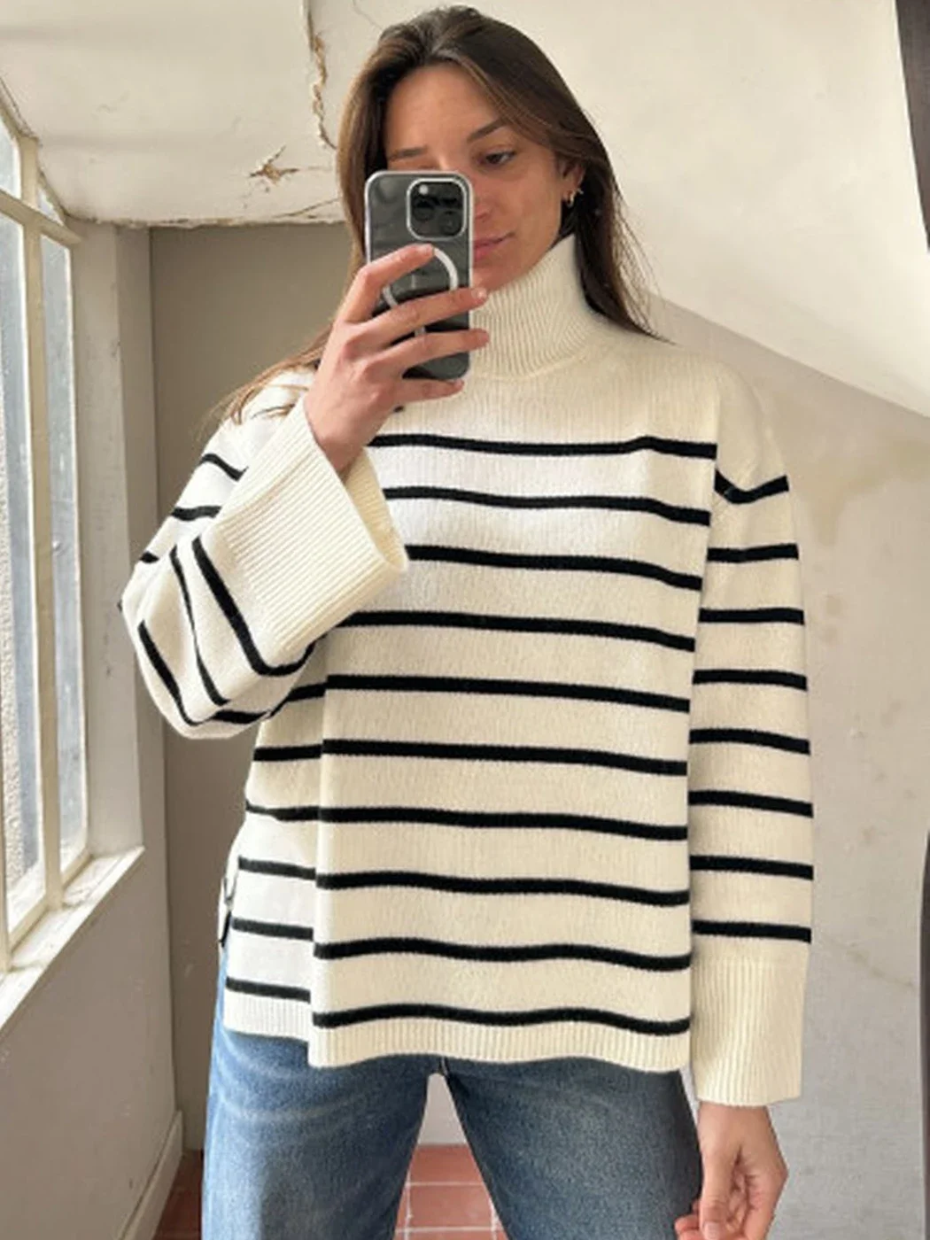 Slit Hem Designer Striped Sweater Women 2024 Autumn Winter Clothes Turtleneck Wool Fashion Pullover Chic Sweaters Jumpers Female