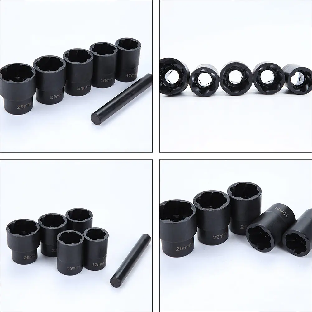 6pcs Anti Slip Socket Tools 17 26mm Broken Nut Bolt Extractors Car Repair Tool Case Multi Size Drill Compatible Rust Removers