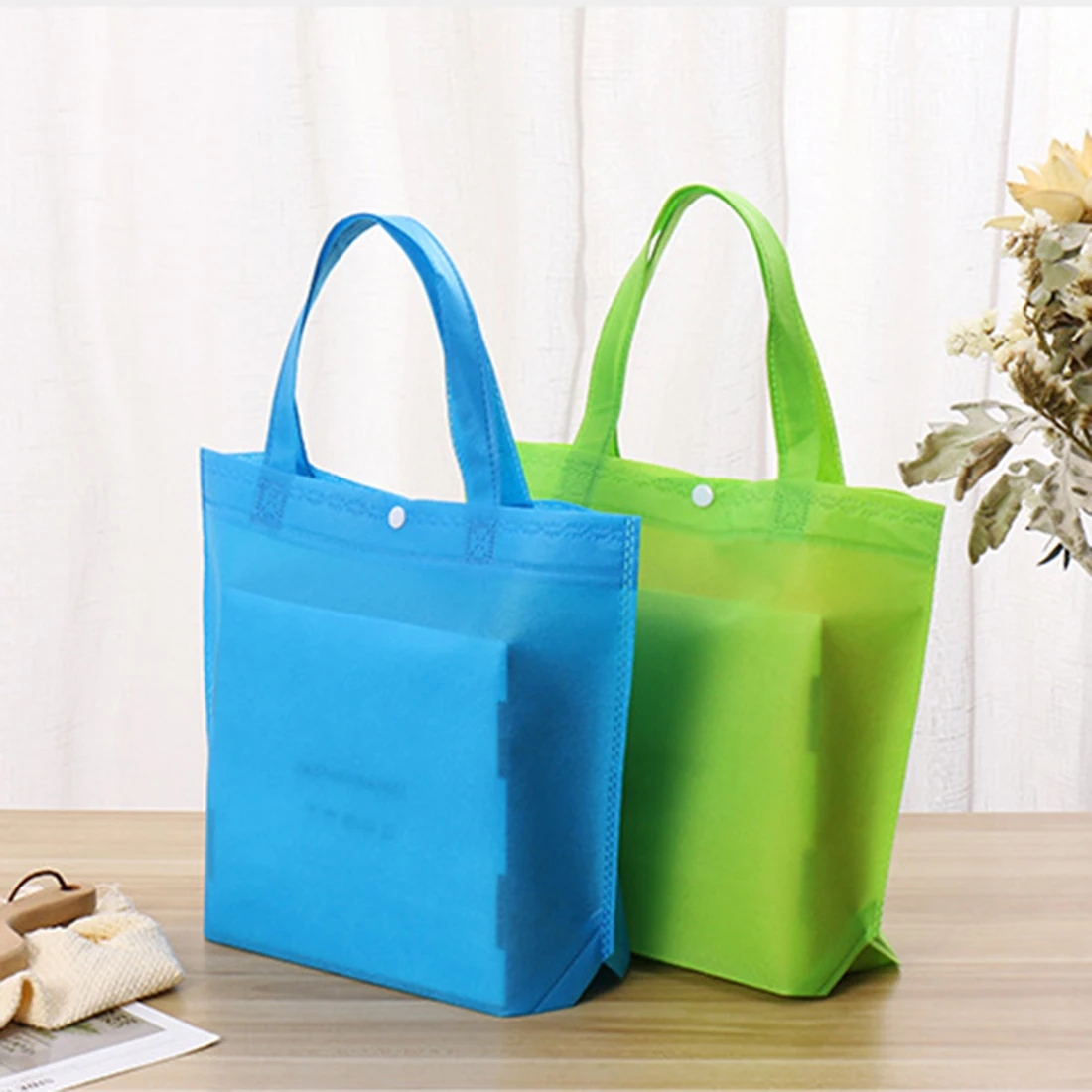 Foldable Button Shopping Bag Reusable Travel Grocery Bag Eco-Friendly Storage Handbag For Women Solid Color Supermarket Tote Bag