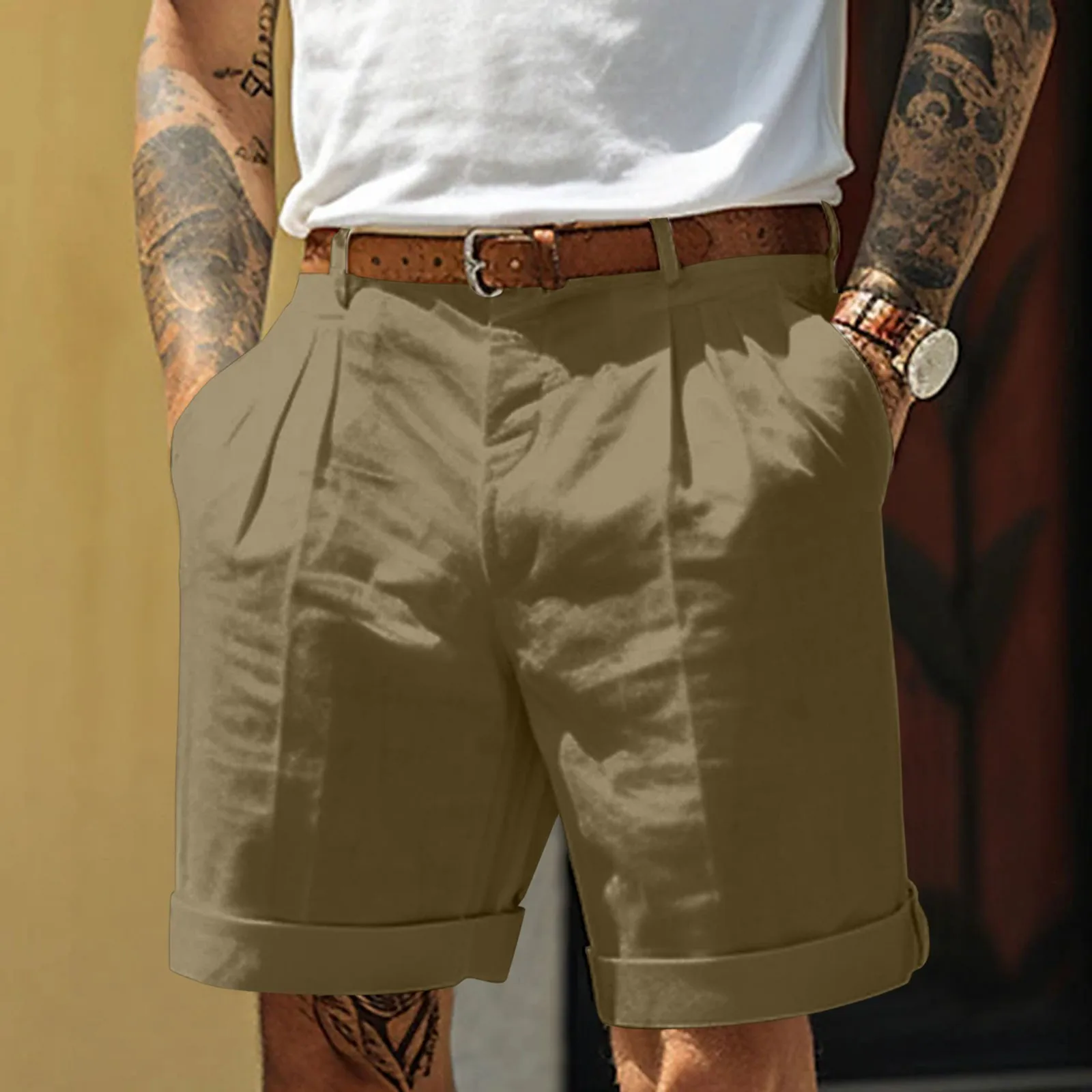 Male Summer Casual Solid Short Pant Button Short Trouser Pant Pocket Short Fashion Short Mercerized Cotton Bermuda Shorts