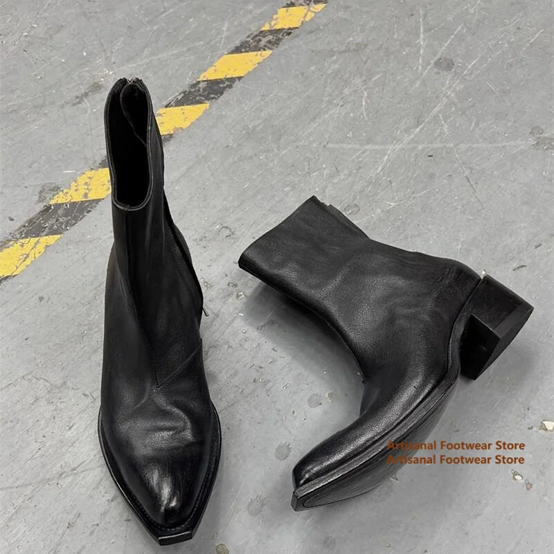 

Black Pointed Toe High Top Chelsea Boots Thick Soled High-Heeled Retro Upturned Men's Boot British Style Side Zipper Men's Shoes