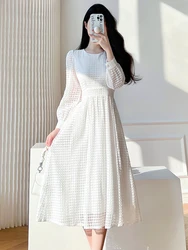 New Fashion Hollow Out Lace Dress Women Autumn Elegant O-neck Puff Sleeve Slim Elegant Dresses Solid Color Casual Vestidos Robe