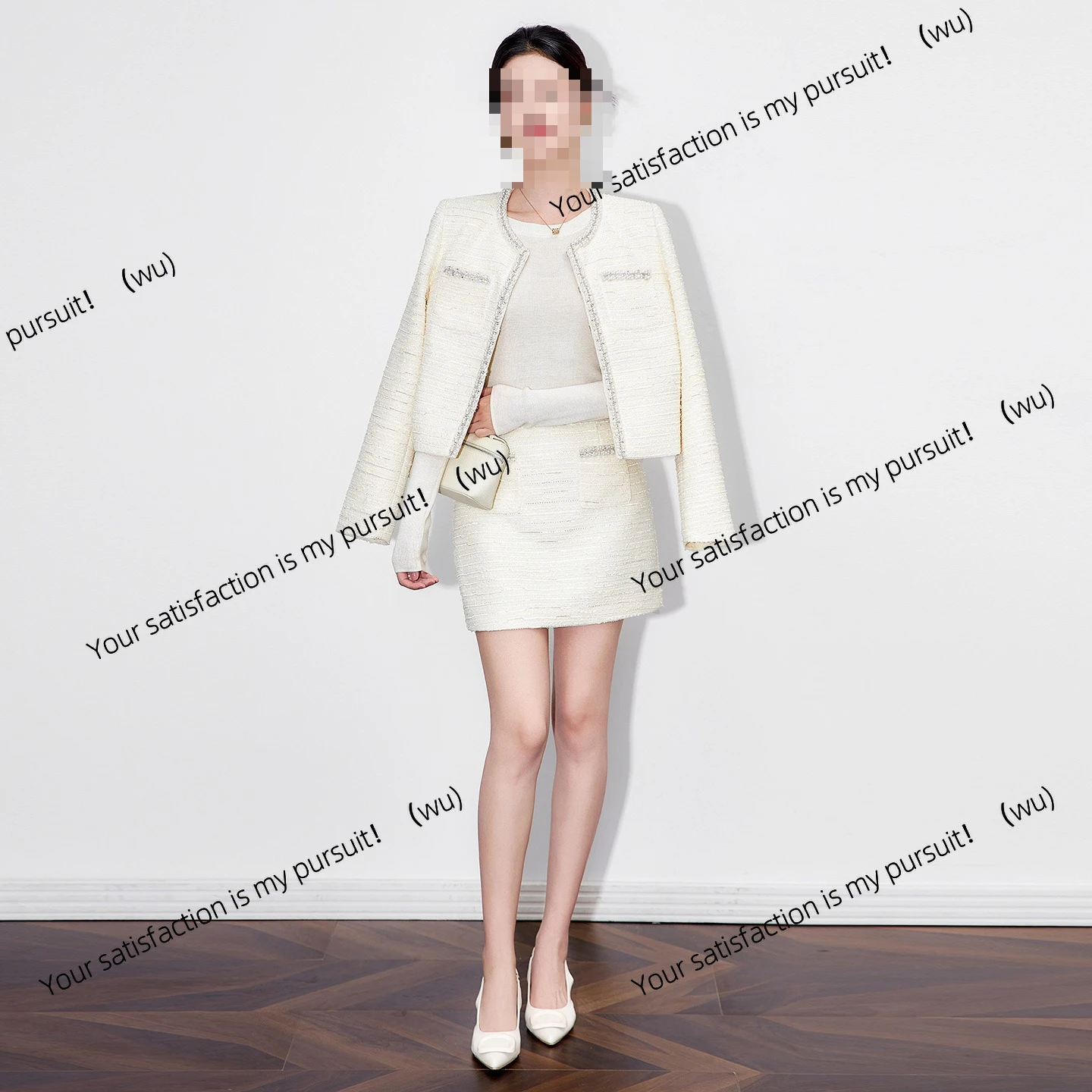 25111202-Heavy Industry Light Luxury Thousand Gold Wind White Moonlight Xiaoxiang Set Jacket + Skirt Handmade Nail Beads Autumn