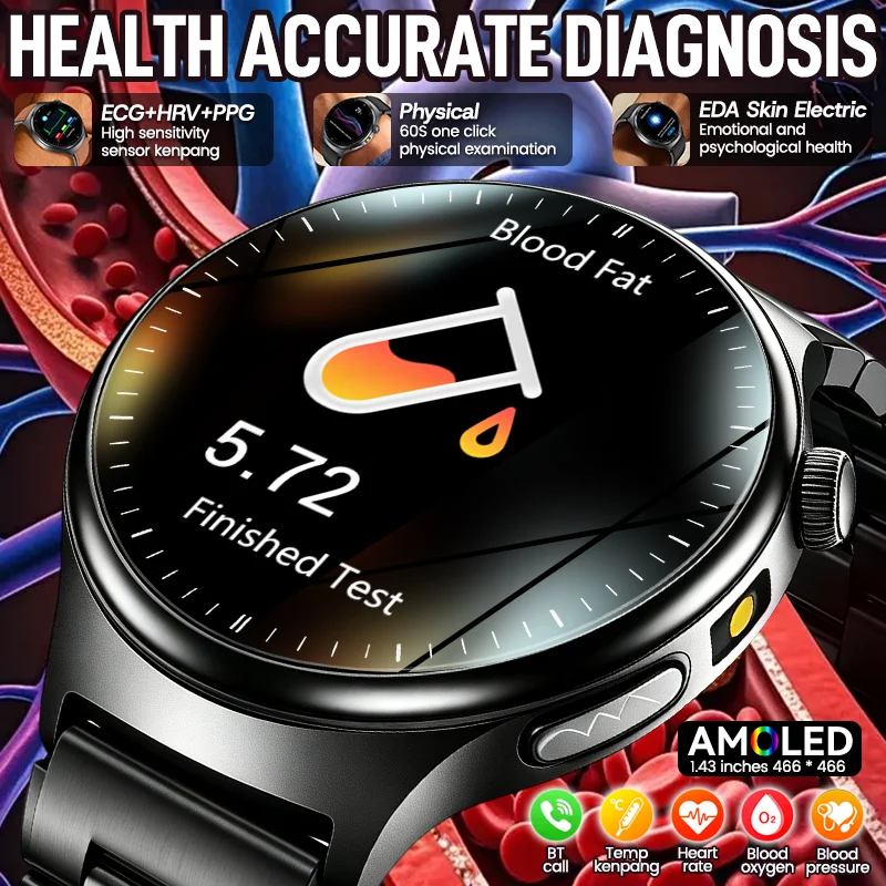 New Health Accurate cision Diagnosis Men Smart Watch ECG Uric Acid Blood Fat BP SpO2 Temp Monitor BT Call AMOLED HD Smartwatches