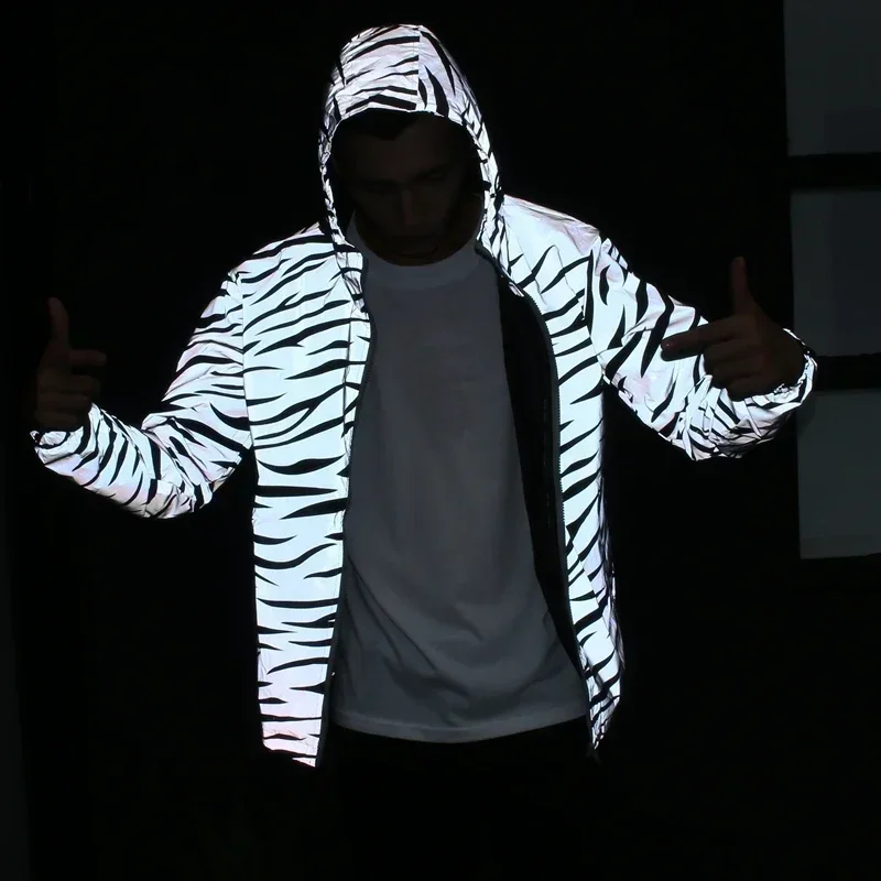 Men\'s Leopard Zebra Reflective Night Shining Hooded Windbreaker Jacket Streetwear Harajuku Hip Hop Waterproof Hoodie Coats Male