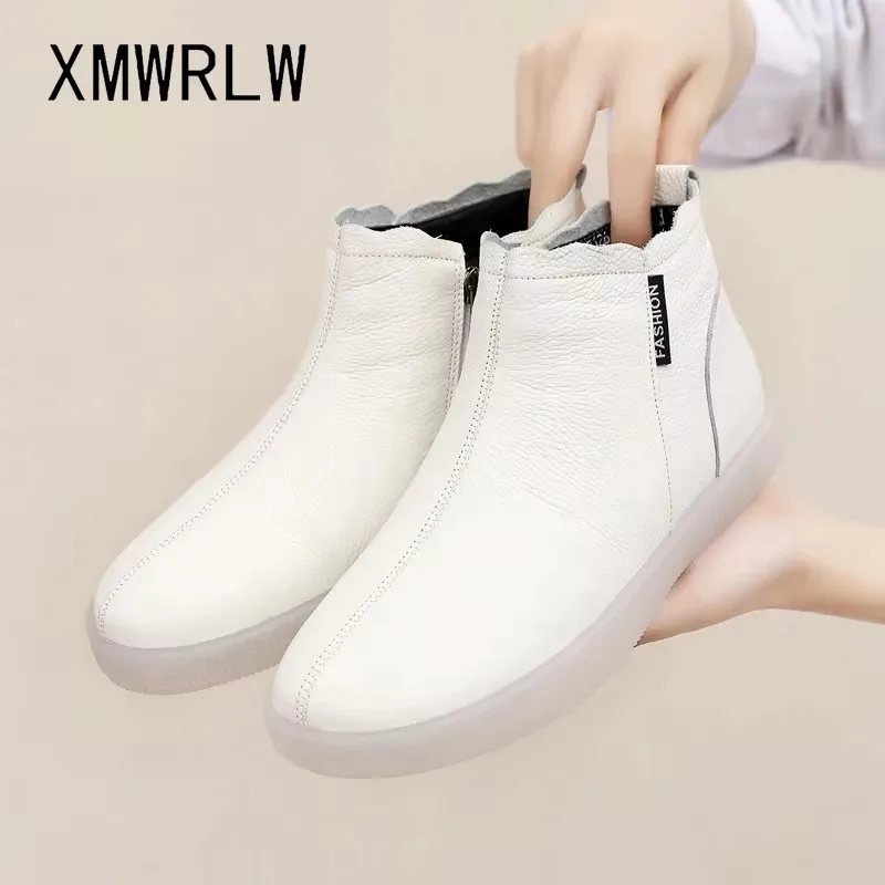 

XMWRLW Genuine Leather Women Ankle Boots Warm Plush Winter Flat Shoes Women Snow Boots Winter Ladies Ankle Boot Plus Size 43
