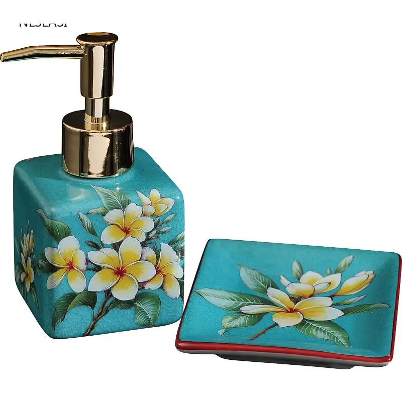 

Courtyard Portable Ceramic Home Hotel Bathroom Set Supplies Soap Dish Storage Plate Shampoo Shower Gel Lotion Bottle Ornaments