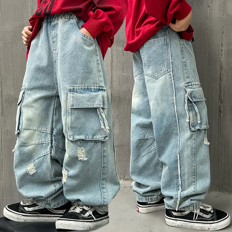 

Kids Hiphop Fashion Style Baggy Cargo Jeans with Pocket for Boy Spring Autumn Blue Denim Pants Child Retro Gothic Trousers