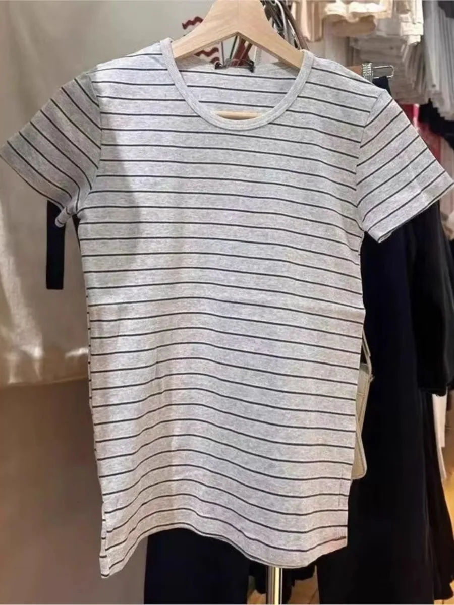 Vintage Gestreiften Dünnes T-shirt Frauen Frühjahr Neue Rundhals Baumwolle Kurzarm T-shirts Weibliche Nette Adrette Y2K T shirts
